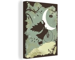 Canvas schilderij 120x160 cm - Wanddecoratie Halloween illustratie heks op een oude fiets - Muurdecoratie woonkamer - Slaapkamer decoratie - Kamer accessoires - Schilderijen