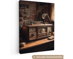 Canvas schilderij 120x160 cm - Wanddecoratie Vintage - Radio - Oud - Bureau - Lamp - Muurdecoratie woonkamer - Slaapkamer decoratie - Kamer accessoires - Schilderijen