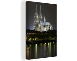 Canvas schilderij 120x180 cm - Wanddecoratie De kathedraal van Keulen In Duitsland en de Rijn 's nachts verlicht - Muurdecoratie woonkamer - Slaapkamer decoratie - Kamer accessoires - Schilderijen