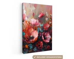 Canvas schilderij 120x180 cm - Wanddecoratie Klaprozen - Roze - Bloemen - Botanisch - Kunst - Muurdecoratie woonkamer - Kamer decoratie modern - Abstracte schilderijen