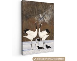 Canvas schilderij 120x180 cm - Wanddecoratie Twee Japanse kraanvogels doen een paringsdans in de sneeuw - Muurdecoratie woonkamer - Slaapkamer decoratie - Kamer accessoires - Schilderijen