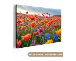 Canvas Schilderij 120x80 cm - Bloemen - Klaprozen - Kleurrijk - Natuur - Wanddecoratie woonkamer - Muurdecoratie keuken - Slaapkamer decoratie - Schilderijen - Woonaccessoires
