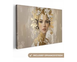 Canvas schilderij 120x80 cm - Exclusieve wanddecoratie Gezicht - Vrouw - Bladeren - Goud - Muurdecoratie woonkamer - Slaapkamer decoratie - Kamer accessoires - Schilderijen op canvas