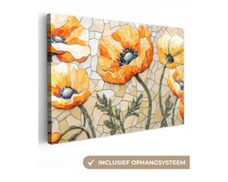 Canvas schilderij 120x80 cm - Exclusieve wanddecoratie Klaprozen - Oranje - Mozaïek - Bladeren - Muurdecoratie woonkamer - Slaapkamer decoratie - Kamer accessoires - Schilderijen op canvas