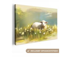 Canvas schilderij 120x80 cm - Exclusieve wanddecoratie Schaap - Weide - Groen - Muurdecoratie woonkamer - Slaapkamer decoratie - Kamer accessoires - Schilderijen op canvas