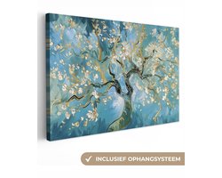 Canvas schilderij 120x80 cm - Wanddecoratie Amandelbloesem boom - Blauw - Abstract - Muurdecoratie woonkamer - Slaapkamer decoratie - Kamer accessoires - Schilderijen op canvas