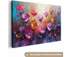 Canvas schilderij 120x80 cm - Wanddecoratie Bloemen - Paars - Kleurrijk - Handgeschilderd - Kunst - Muurdecoratie woonkamer - Kamer decoratie modern - Abstracte schilderijen