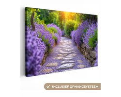 Canvas schilderij 120x80 cm - Wanddecoratie Bloemen - Pad - lavendel - Tuin - Muurdecoratie woonkamer - Slaapkamer decoratie - Kamer accessoires - Schilderijen op canvas