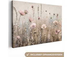 Canvas schilderij 120x80 cm - Wanddecoratie Bloemen - Roze - Modern - Beige - Muurdecoratie woonkamer - Slaapkamer decoratie - Kamer accessoires - Schilderijen op canvas