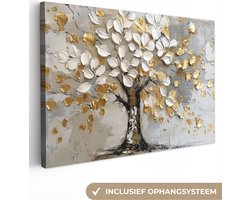 Canvas schilderij 120x80 cm - Wanddecoratie Boom - Beige - Grijs - Goud - Abstract - Muurdecoratie woonkamer - Slaapkamer decoratie - Kamer accessoires - Schilderijen op canvas - Kerstcadeau - Sinterklaas cadeau voor vrouwen