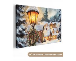 Canvas schilderij 120x80 cm - Wanddecoratie Kerstdorp - Huizen - Sneeuw - Kerst - Muurdecoratie woonkamer - Slaapkamer decoratie - Kamer accessoires - Schilderijen op canvas - Kerstdecoratie voor binnen - Kerstversiering - Kerstmis versiering