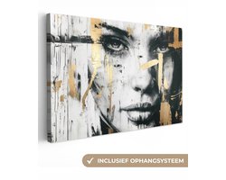 Canvas schilderij 120x80 cm - Wanddecoratie Portret - Vrouw - Penseelstreken - Goud - Muurdecoratie woonkamer - Slaapkamer decoratie - Kamer accessoires - Schilderijen op canvas