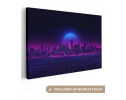 Canvas schilderij 120x80 cm - Wanddecoratie Skyline - Zon - Neon - Rasterpatroon - Muurdecoratie woonkamer - Slaapkamer decoratie - Kamer accessoires - Schilderijen op canvas