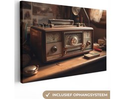 Canvas schilderij 120x80 cm - Wanddecoratie Vintage - Radio - Oud - Bureau - Lamp - Muurdecoratie woonkamer - Slaapkamer decoratie - Kamer accessoires - Schilderijen op canvas