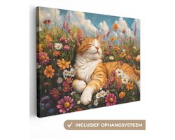 Canvas schilderij 120x90 cm - Exclusieve wanddecoratie Kat - Bloemen - Ontspannen - Muurdecoratie woonkamer - Slaapkamer decoratie - Kamer accessoires - Schilderijen op canvas