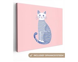 Canvas schilderij 120x90 cm - Exclusieve wanddecoratie Kat - Illustratie - Minimalistisch - Roze - Muurdecoratie woonkamer - Slaapkamer decoratie - Kamer accessoires - Schilderijen op canvas