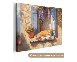 Canvas schilderij 120x90 cm - Exclusieve wanddecoratie Kat - Stenen vensterbank - Bloemen - Muurdecoratie woonkamer - Slaapkamer decoratie - Kamer accessoires - Schilderijen op canvas