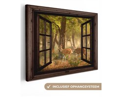 Canvas schilderij 120x90 cm - Wanddecoratie Herten - Bos - Herfst - Bosdieren - Natuur - Hert - Doorkijk - Muurdecoratie woonkamer - Slaapkamer decoratie - Kamer accessoires - Schilderijen op canvas