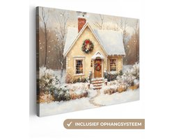 Canvas schilderij 120x90 cm - Wanddecoratie Kerst - Huis - Winter - Sneeuw - Muurdecoratie woonkamer - Slaapkamer decoratie - Kamer accessoires - Schilderijen op canvas - Kerstdecoratie voor binnen - Kerstversiering - Kerstmis versiering