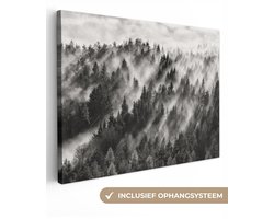 Canvas schilderij 120x90 cm - Wanddecoratie Landschap - Mist - Bos - Natuur - Muurdecoratie woonkamer - Slaapkamer decoratie - Kamer accessoires - Schilderijen op canvas