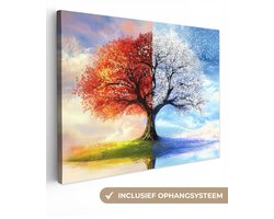 Canvas schilderij 120x90 cm - Wanddecoratie Seizoenen - Kunst - Boom - Winter - Herfst - Muurdecoratie woonkamer - Slaapkamer decoratie - Kamer accessoires - Schilderijen op canvas