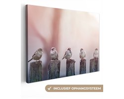 Canvas schilderij 120x90 cm - Wanddecoratie Vogels - Mussen - Paaltjes - Hout - Muurdecoratie woonkamer - Slaapkamer decoratie - Kamer accessoires - Schilderijen op canvas