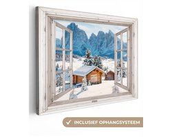 Canvas schilderij 120x90 cm - Wanddecoratie Winterlandschap - Huisje - Bergen - Uitzicht - Doorkijk - Natuur - Muurdecoratie woonkamer - Slaapkamer decoratie - Kamer accessoires - Schilderijen op canvas