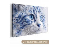 Canvas schilderij 140x90 cm - Exclusieve wanddecoratie Kat - Patroon - Blauw - Muurdecoratie woonkamer - Slaapkamer decoratie - Kamer accessoires - Schilderijen op canvas
