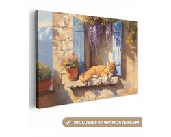 Canvas schilderij 140x90 cm - Exclusieve wanddecoratie Kat - Stenen vensterbank - Bloemen - Muurdecoratie woonkamer - Slaapkamer decoratie - Kamer accessoires - Schilderijen op canvas