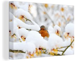 Canvas schilderij 140x90 cm - Wanddecoratie Sneeuw - Roodborstje - Tak - Muurdecoratie woonkamer - Slaapkamer decoratie - Kamer accessoires - Schilderijen