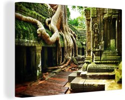 Canvas schilderij 140x90 cm - Wanddecoratie Ta Prohm tempel met een grote boom - Muurdecoratie woonkamer - Slaapkamer decoratie - Kamer accessoires - Schilderijen