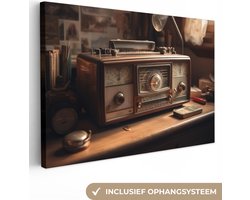 Canvas schilderij 140x90 cm - Wanddecoratie Vintage - Radio - Oud - Bureau - Lamp - Muurdecoratie woonkamer - Slaapkamer decoratie - Kamer accessoires - Schilderijen