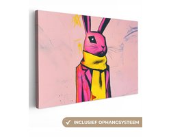 Canvas schilderij 150x100 cm - Exclusieve wanddecoratie Abstract - Konijn - Sjaal - Geel - Muurdecoratie woonkamer - Slaapkamer decoratie - Kamer accessoires - Schilderijen op canvas