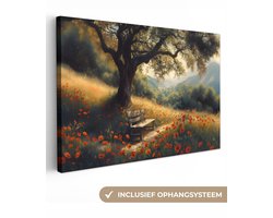 Canvas schilderij 150x100 cm - Exclusieve wanddecoratie Bankje - Boom - Klaprozen - Heuvels - Muurdecoratie woonkamer - Slaapkamer decoratie - Kamer accessoires - Schilderijen op canvas