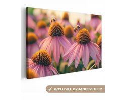 Canvas schilderij 150x100 cm - Exclusieve wanddecoratie Bloemen - Paars - Bijen - Muurdecoratie woonkamer - Slaapkamer decoratie - Kamer accessoires - Schilderijen op canvas