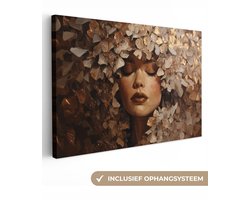 Canvas schilderij 150x100 cm - Exclusieve wanddecoratie Gezicht - Vrouwe - Bladeren - Penseelstreken - Muurdecoratie woonkamer - Slaapkamer decoratie - Kamer accessoires - Schilderijen op canvas
