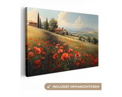 Canvas schilderij 150x100 cm - Exclusieve wanddecoratie Klaprozen - Rood - Heuvels - Landschap - Muurdecoratie woonkamer - Slaapkamer decoratie - Kamer accessoires - Schilderijen op canvas