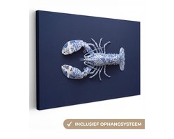 Canvas schilderij 150x100 cm - Exclusieve wanddecoratie Kreeft - Porselein - Delfts - Blauw - Muurdecoratie woonkamer - Slaapkamer decoratie - Kamer accessoires - Schilderijen op canvas