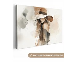 Canvas schilderij 150x100 cm - Exclusieve wanddecoratie Mysterieus - Vrouw - Sepia - Muurdecoratie woonkamer - Slaapkamer decoratie - Kamer accessoires - Schilderijen op canvas