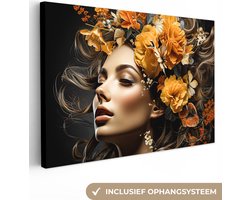 Canvas schilderij 150x100 cm - Vrouw bloemen - Kamer decoratie accessoires - Schilderijen portret woonkamer - Wanddecoratie slaapkamer - Muurdecoratie keuken - Wanddoek interieur binnen - Woondecoratie huis