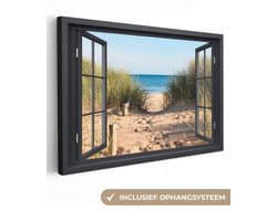 Canvas schilderij 150x100 cm - Wanddecoratie Doorkijk - Strand - Zee - Zand - Water - Helmgras - Duinen - Muurdecoratie woonkamer - Slaapkamer decoratie - Kamer accessoires - Schilderijen op canvas