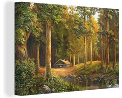 Canvas schilderij 150x100 cm - Wanddecoratie Een illustratie van een huisje in een bos - Muurdecoratie woonkamer - Slaapkamer decoratie - Kamer accessoires - Schilderijen
