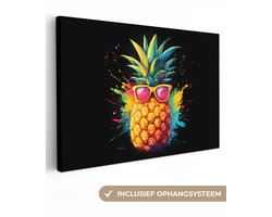 Canvas schilderij 150x100 cm - Wanddecoratie Graffiti - Fruit - Ananas – Zomer - Muurdecoratie woonkamer - Slaapkamer decoratie - Kamer accessoires - Schilderijen op canvas