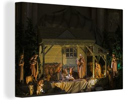 Canvas schilderij 150x100 cm - Wanddecoratie Kersstal - Kerst - kerstmis - Muurdecoratie woonkamer - Slaapkamer decoratie - Kamer accessoires - Schilderijen - Kerstdecoratie voor Binnen - Kerstdecoratie Woonkamer - Kerstdecoratie in Huis