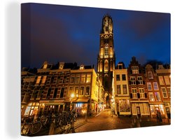 Canvas schilderij 150x100 cm - Wanddecoratie Nacht - Domtoren - Utrecht - Muurdecoratie woonkamer - Slaapkamer decoratie - Kamer accessoires - Schilderijen