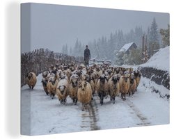 Canvas schilderij 150x100 cm - Wanddecoratie Schaap - Sneeuw - Huis - Muurdecoratie woonkamer - Slaapkamer decoratie - Kamer accessoires - Schilderijen