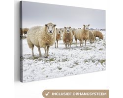 Canvas schilderij 150x100 cm - Wanddecoratie Schapen - Wol - Sneeuw - Muurdecoratie woonkamer - Slaapkamer decoratie - Kamer accessoires - Schilderijen