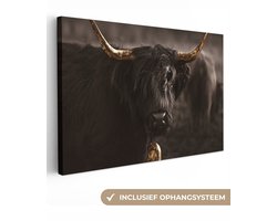 Canvas schilderij 150x100 cm - Wanddecoratie Schotse hooglander - Goud - Koebel - Hoorns - Dieren - Muurdecoratie woonkamer - Slaapkamer decoratie - Kamer accessoires - Schilderijen op canvas