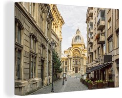 Canvas schilderij 150x100 cm - Wanddecoratie Straat in de Oude Stad van Boekarest in Roemenië - Muurdecoratie woonkamer - Slaapkamer decoratie - Kamer accessoires - Schilderijen