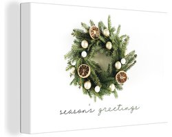 Canvas schilderij 150x100 cm - Wanddecoratie Winter - Dennentak - Sinaasappel - Muurdecoratie woonkamer - Slaapkamer decoratie - Kamer accessoires - Schilderijen - Kerstdecoratie voor Binnen - Kerstdecoratie Woonkamer - Kerstdecoratie in Huis